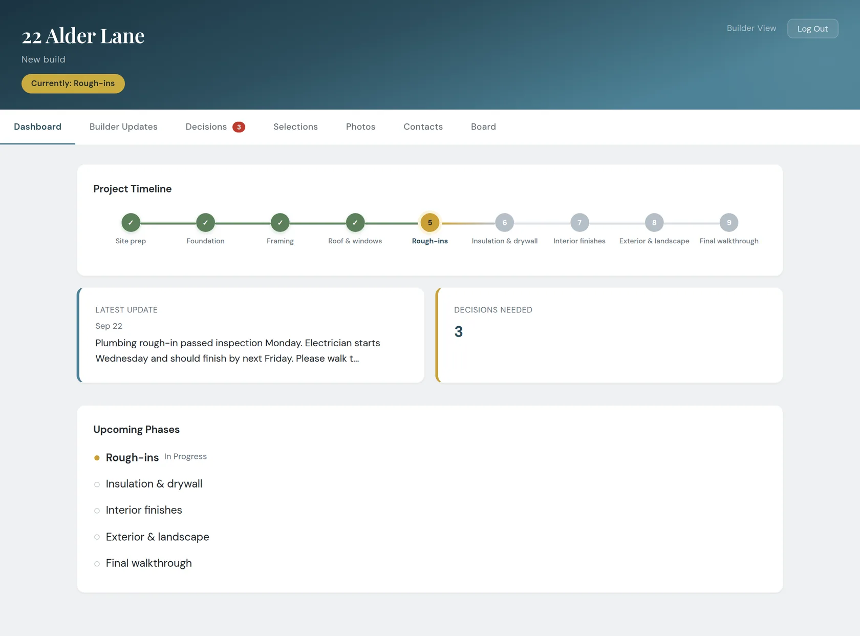 The builder's dashboard: a nine-phase timeline with rough-ins in progress, the latest update, three decisions needed, and the upcoming phases.