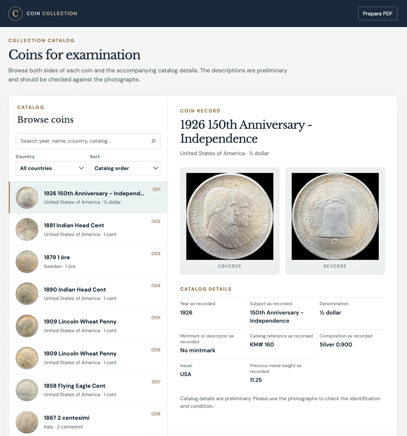 The coin catalog: a searchable list of coins on the left, and the selected coin's front and back photos with its catalog details on the right.